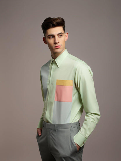 Colourblocked Smart Casual Green Shirt - HE SPOKE - For Men