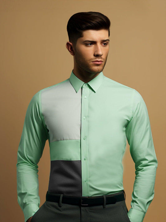 Colourblocked Smart Casual Green Shirt - HE SPOKE - For Men