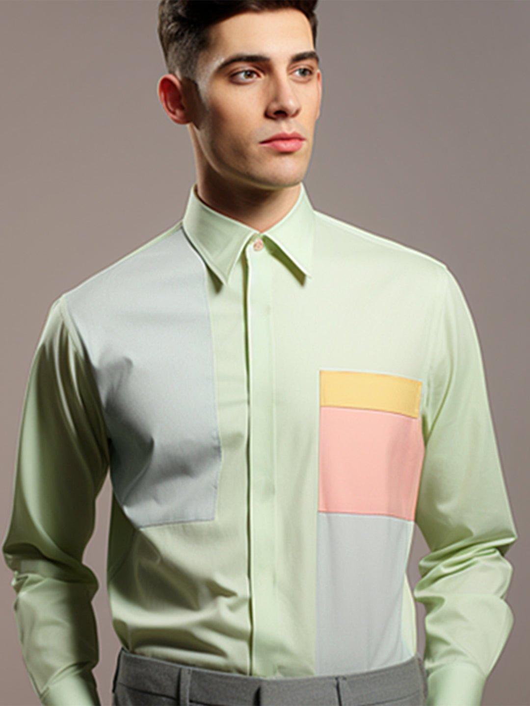 Colourblocked Smart Casual Green Shirt - HE SPOKE - For Men