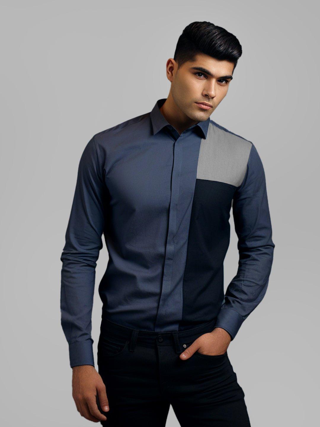 Colourblocked Smart Casual Grey Shirt - HE SPOKE - For Men