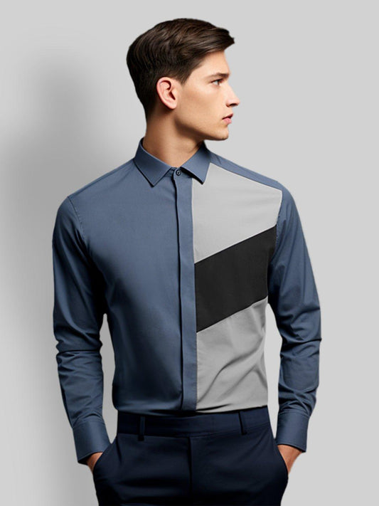 Colourblocked Smart Casual Grey Shirt - HE SPOKE - For Men