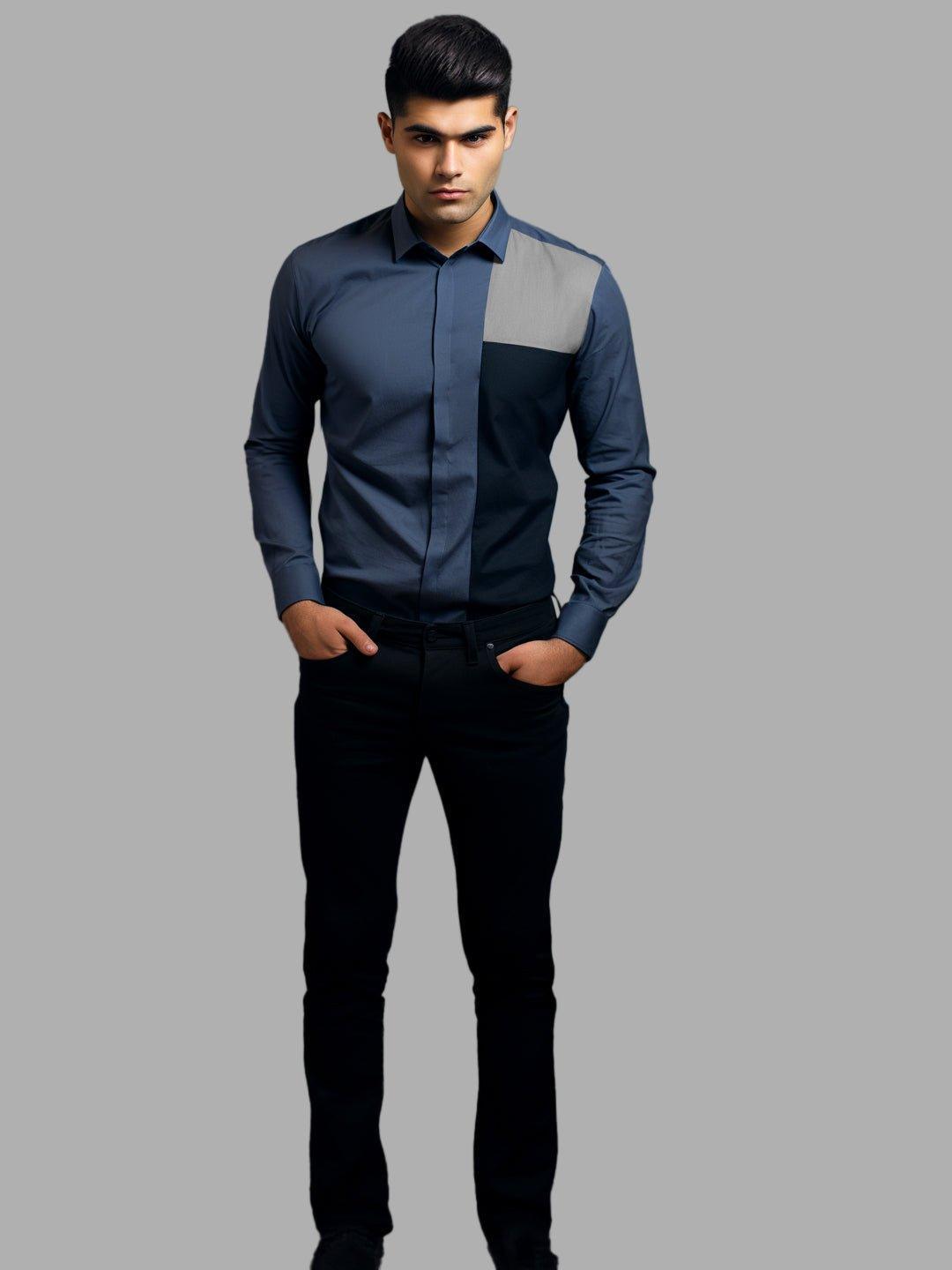 Colourblocked Smart Casual Grey Shirt - HE SPOKE - For Men