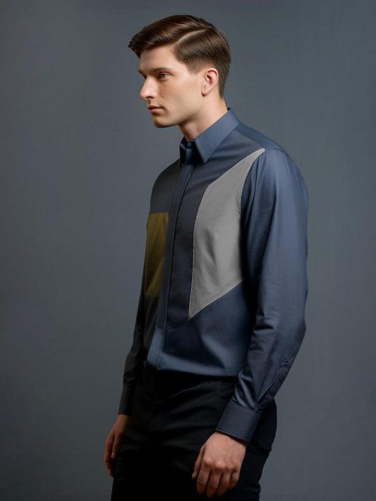 Colourblocked Smart Casual Grey Shirt - HE SPOKE - For Men