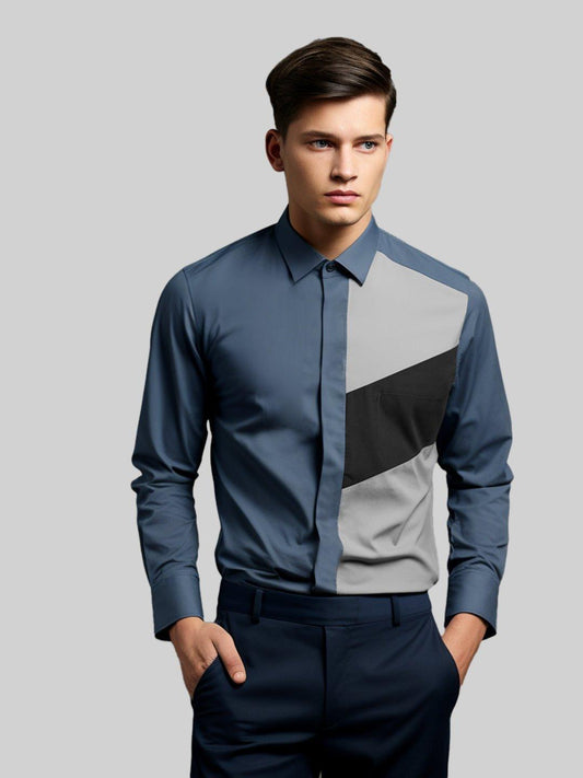 Colourblocked Smart Casual Grey Shirt - HE SPOKE - For Men