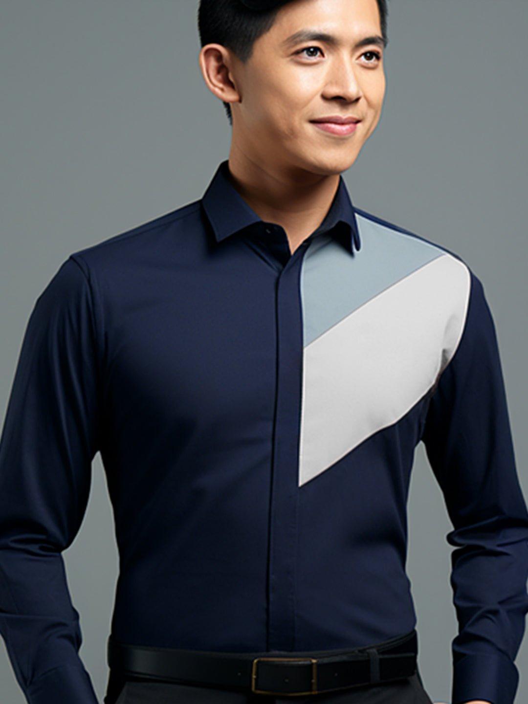 Colourblocked Smart Casual Navy Shirt - HE SPOKE - For Men