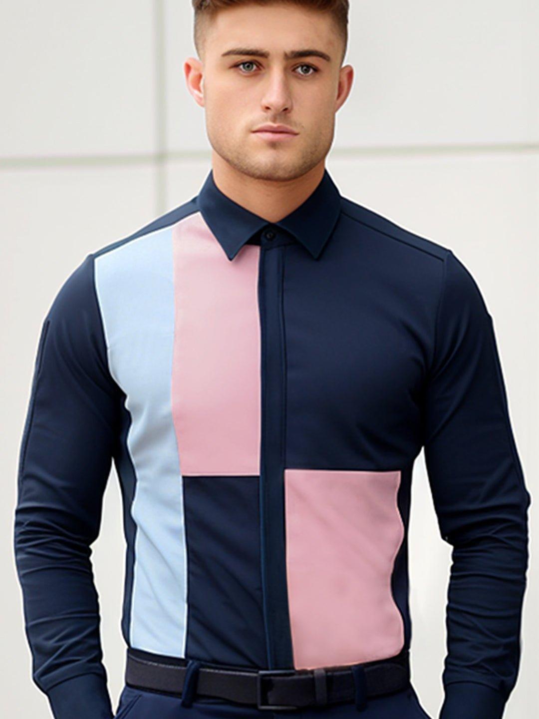 Colourblocked Smart Casual Navy Shirt - HE SPOKE - For Men