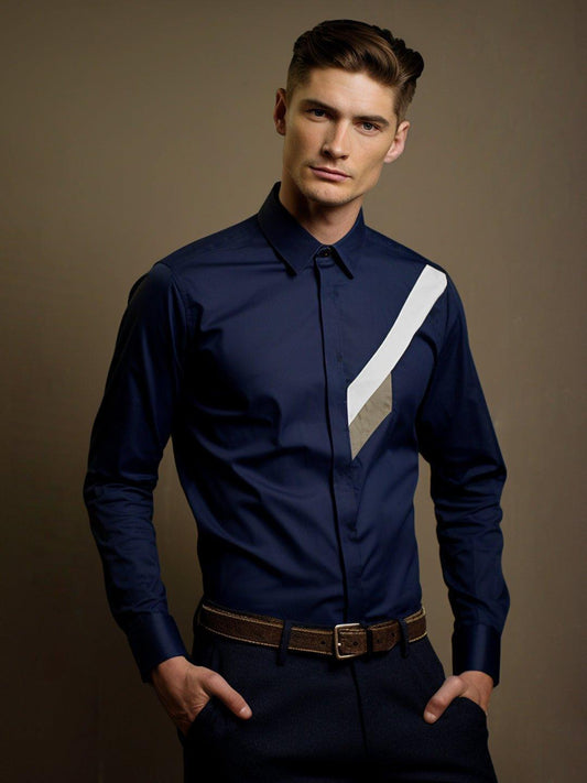 Colourblocked Smart Casual Navy Shirt - HE SPOKE - For Men