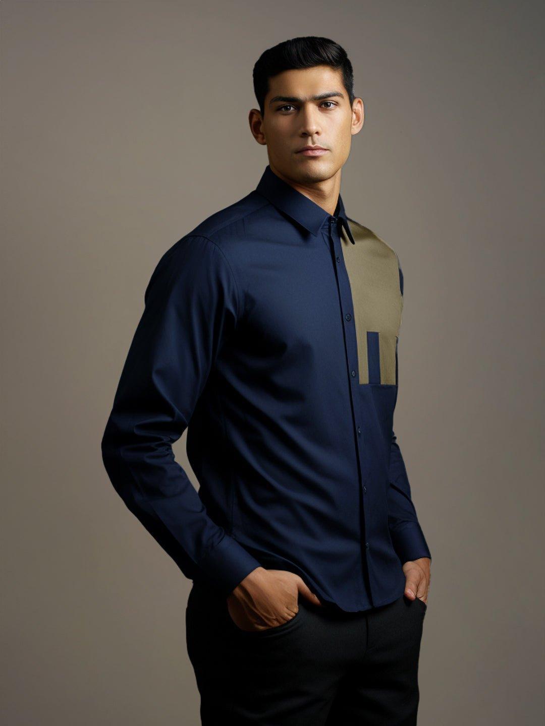 Colourblocked Smart Casual Navy Shirt - HE SPOKE - For Men