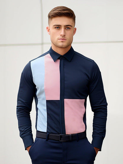 Colourblocked Smart Casual Navy Shirt - HE SPOKE - For Men