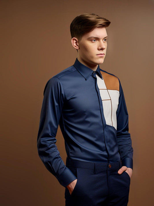 Colourblocked Smart Casual Navy Shirt - HE SPOKE - For Men