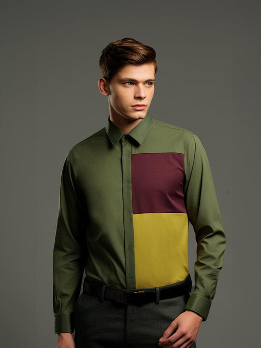 Colourblocked Smart Casual Olive Shirt - HE SPOKE - For Men