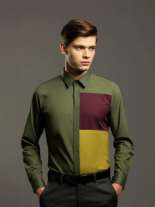 Colourblocked Smart Casual Olive Shirt - HE SPOKE - For Men