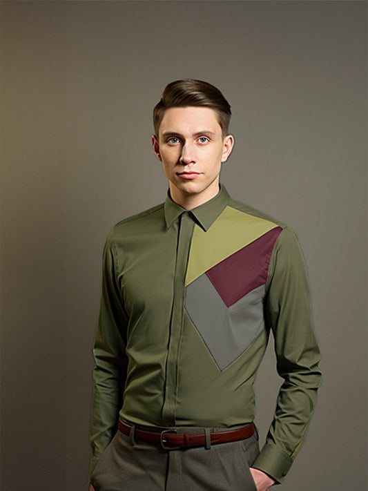 Colourblocked Smart Casual Olive Shirt - HE SPOKE - For Men