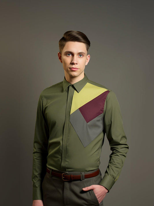 Colourblocked Smart Casual Olive Shirt - HE SPOKE - For Men