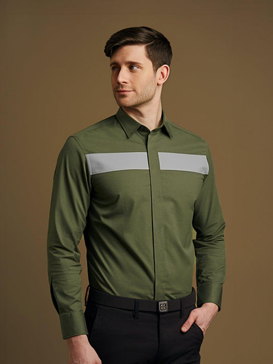 Colourblocked Smart Casual Olive Shirt - HE SPOKE - For Men