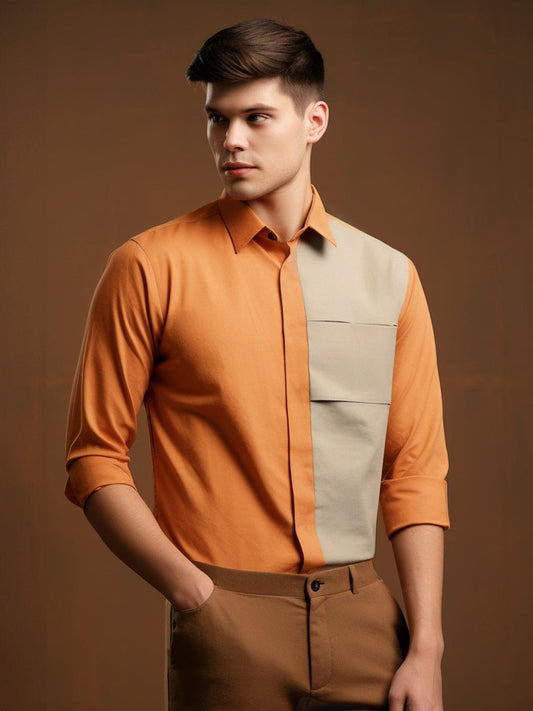 Colourblocked Smart Casual Orange Shirt - HE SPOKE - For Men