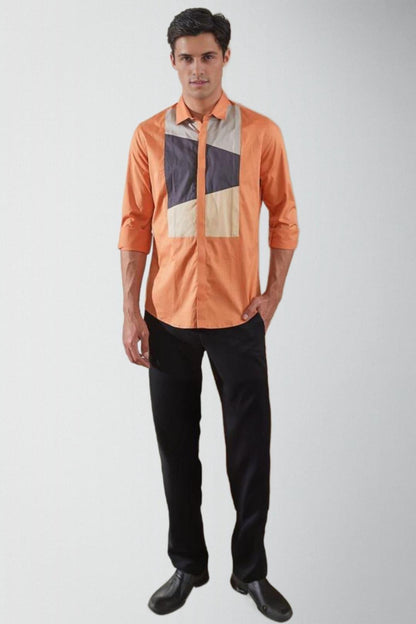 Colourblocked Smart Casual Orange Shirt - HE SPOKE - For Men