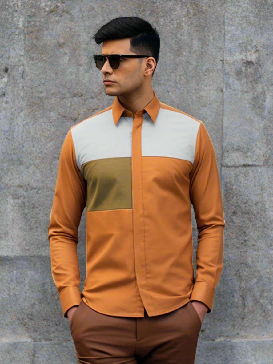 Colourblocked Smart Casual Orange Shirt - HE SPOKE - For Men