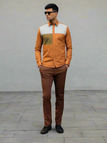 Colourblocked Smart Casual Orange Shirt - HE SPOKE - For Men