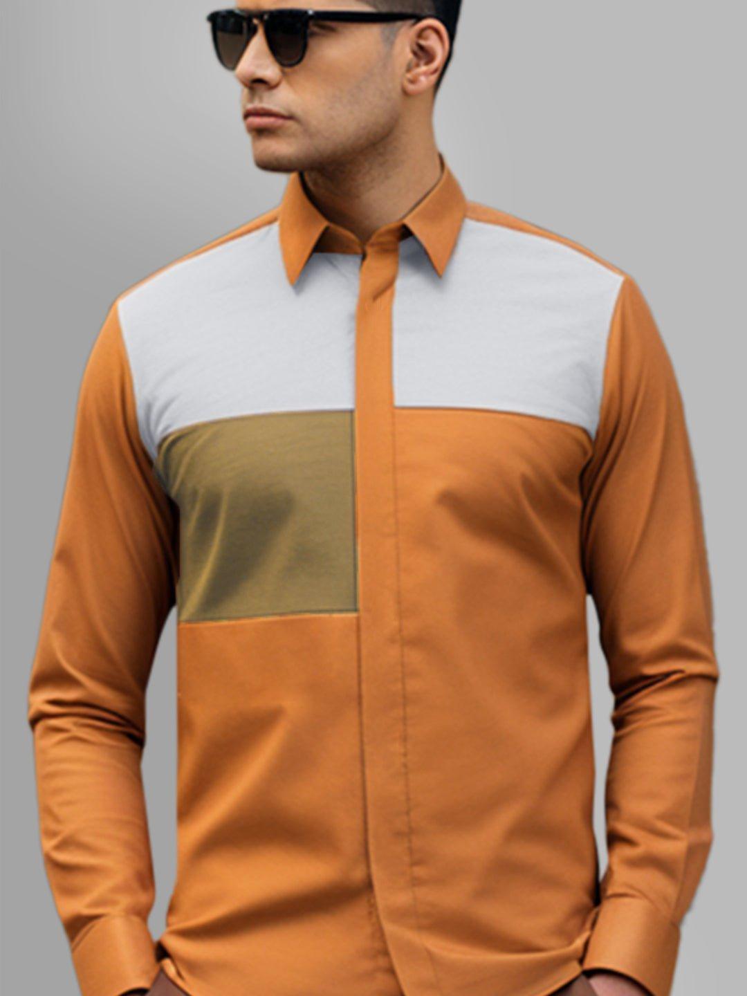 Colourblocked Smart Casual Orange Shirt - HE SPOKE - For Men