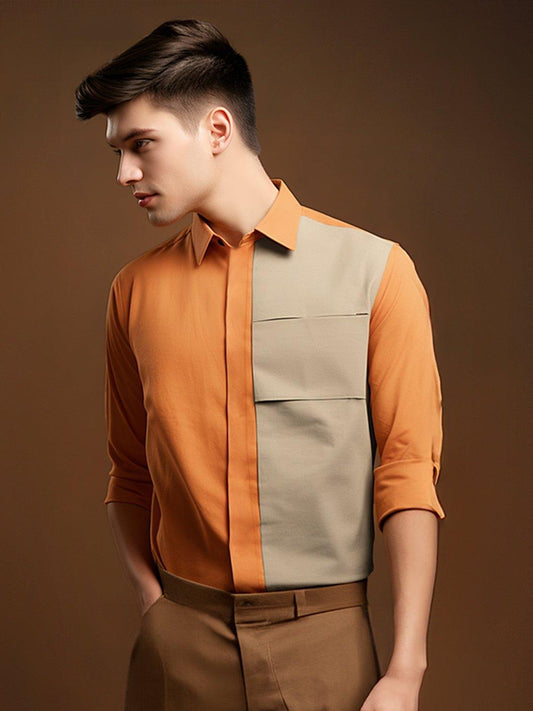 Colourblocked Smart Casual Orange Shirt - HE SPOKE - For Men