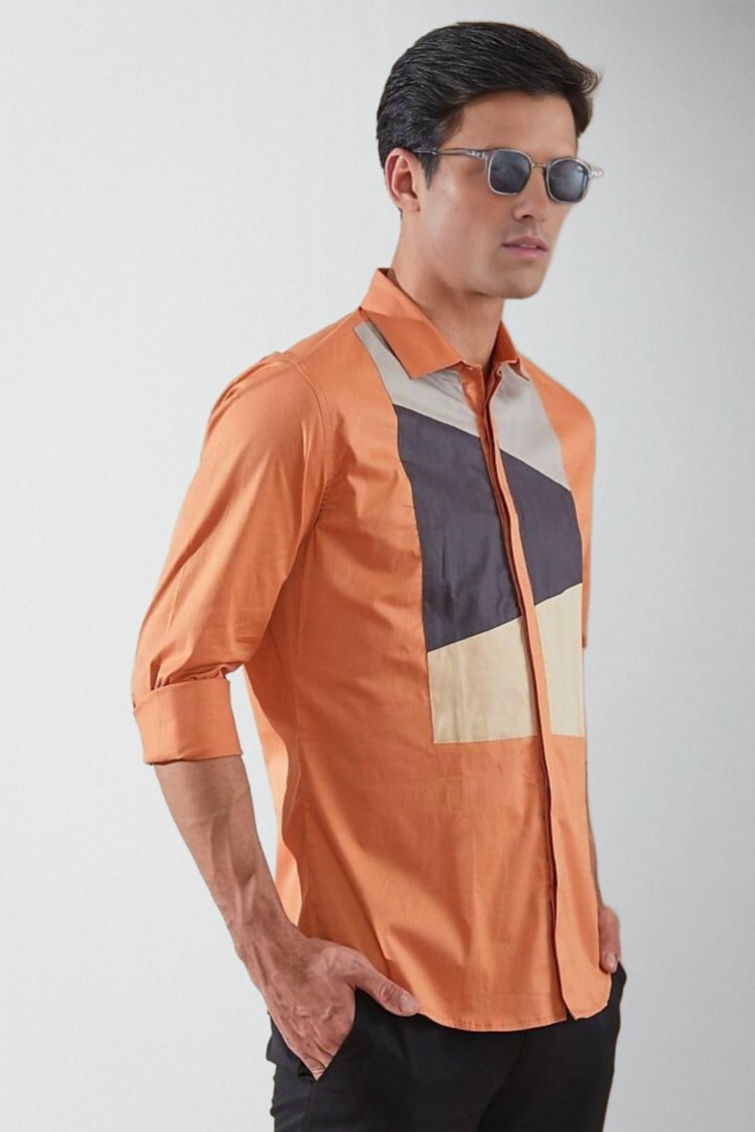 Colourblocked Smart Casual Orange Shirt - HE SPOKE - For Men