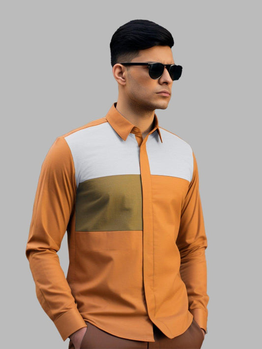 Colourblocked Smart Casual Orange Shirt - HE SPOKE - For Men