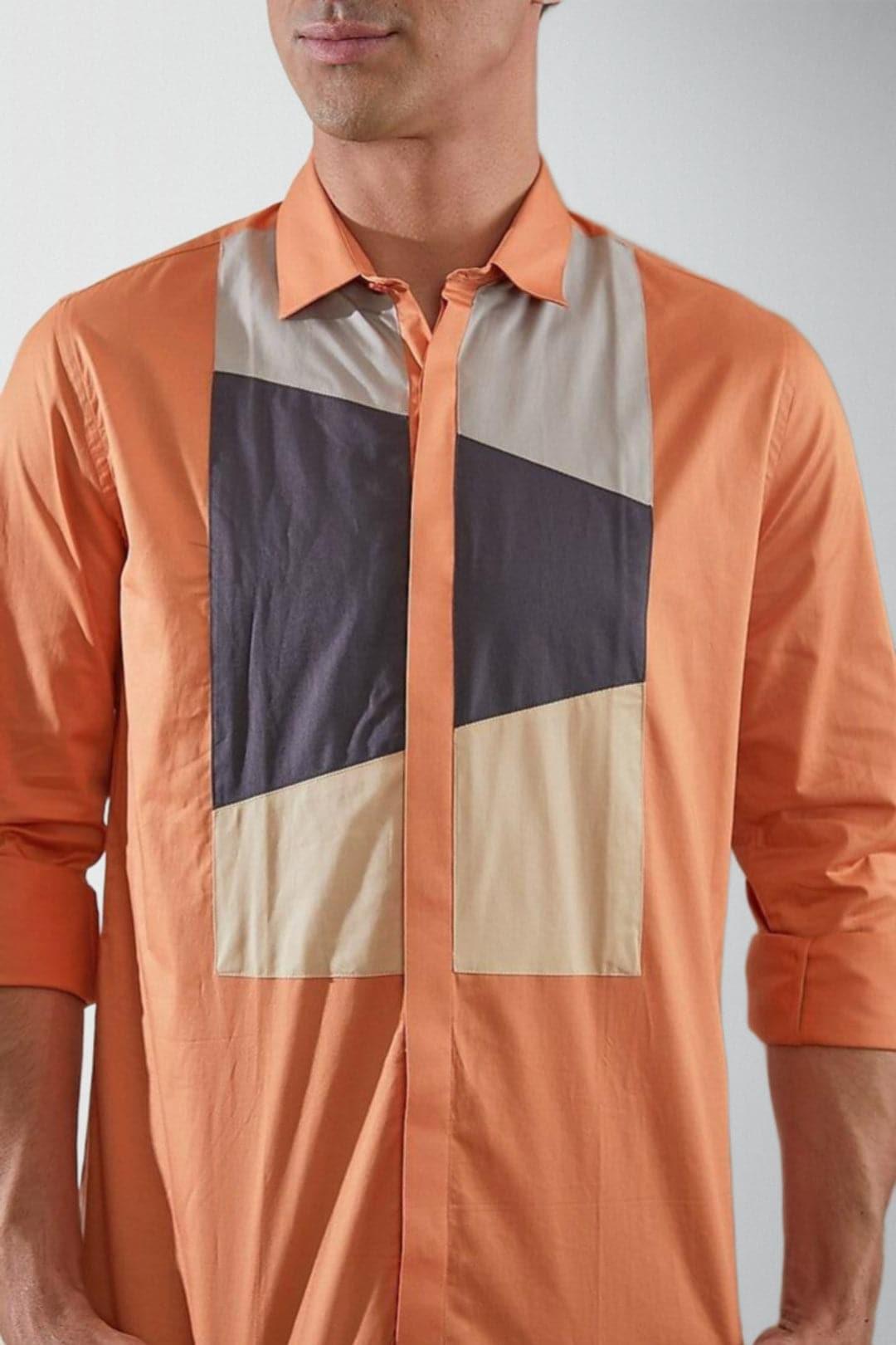 Colourblocked Smart Casual Orange Shirt - HE SPOKE - For Men