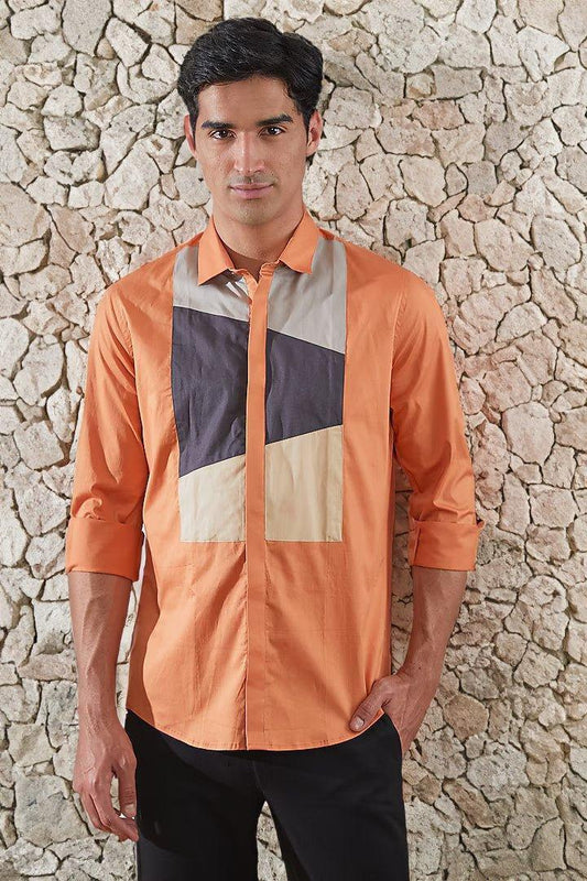 Colourblocked Smart Casual Orange Shirt - HE SPOKE - For Men