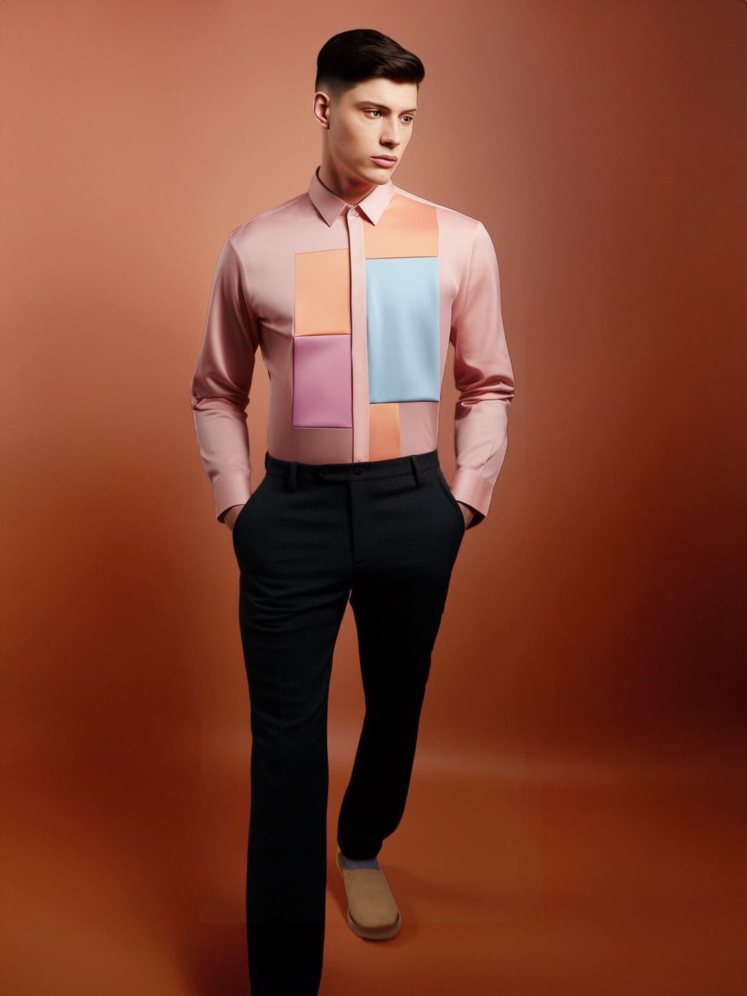 Colourblocked Smart Casual Pink Shirt - HE SPOKE - For Men