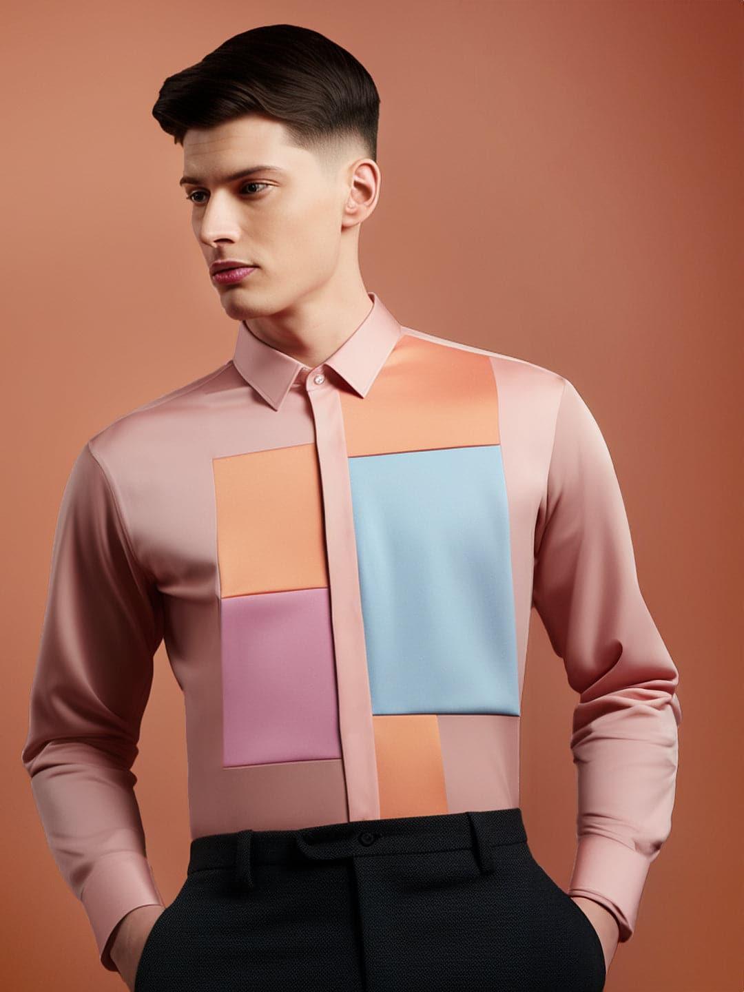 Colourblocked Smart Casual Pink Shirt - HE SPOKE - For Men