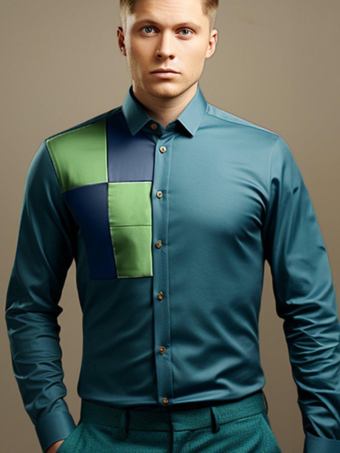 Colourblocked Smart Casual Teal Shirt - HE SPOKE - For Men