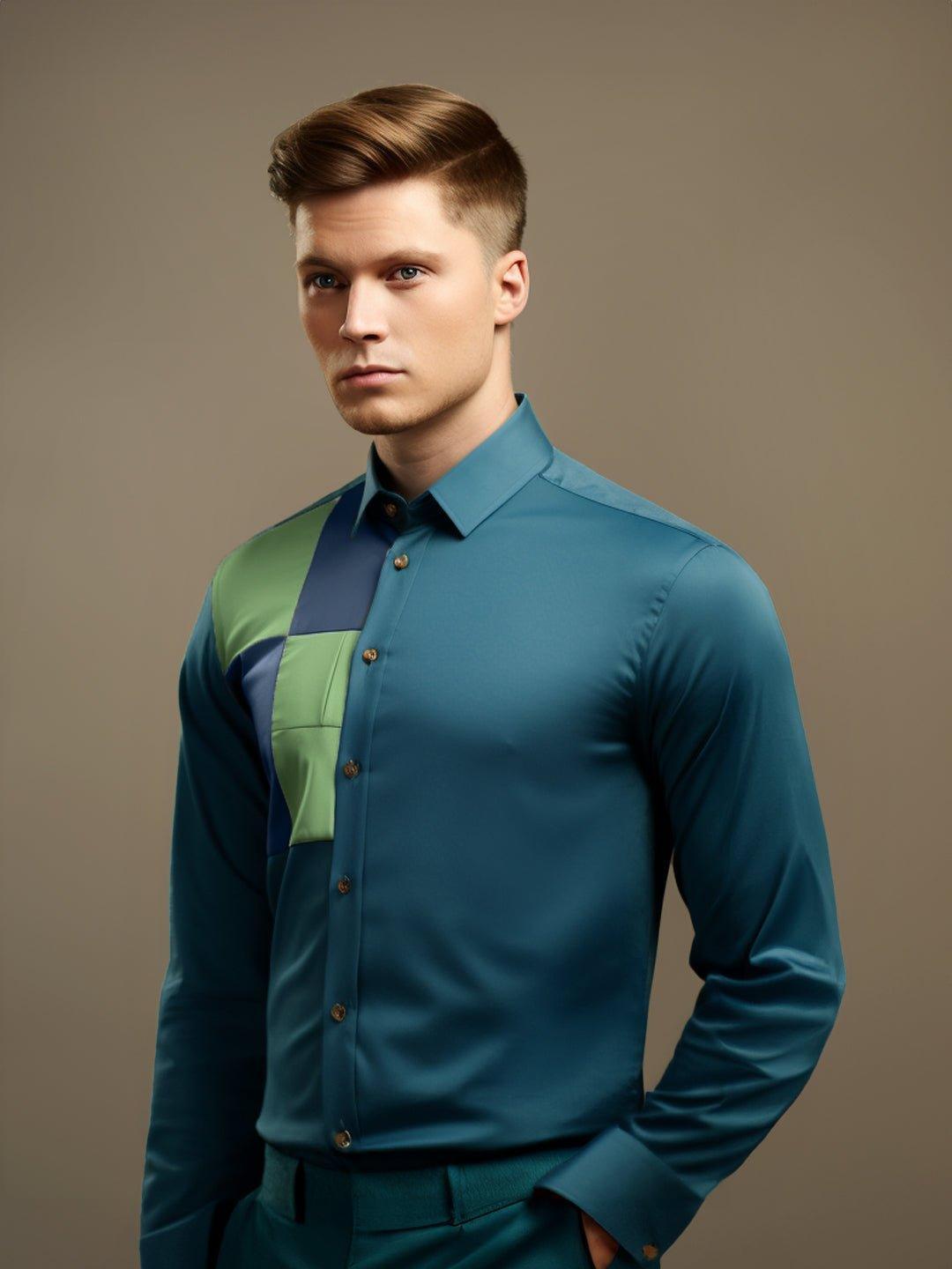 Colourblocked Smart Casual Teal Shirt - HE SPOKE - For Men