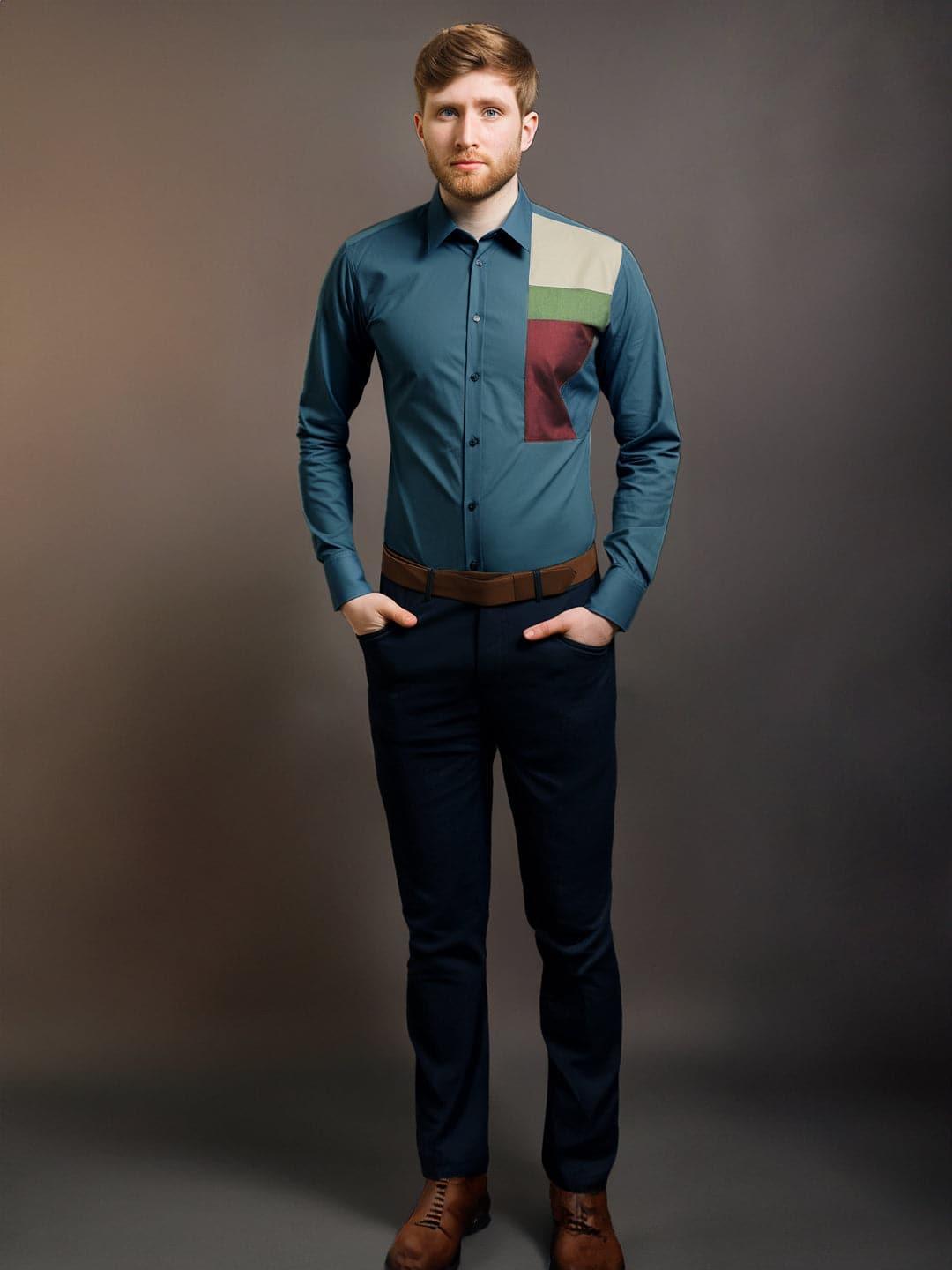 Colourblocked Smart Casual Teal Shirt - HE SPOKE - For Men