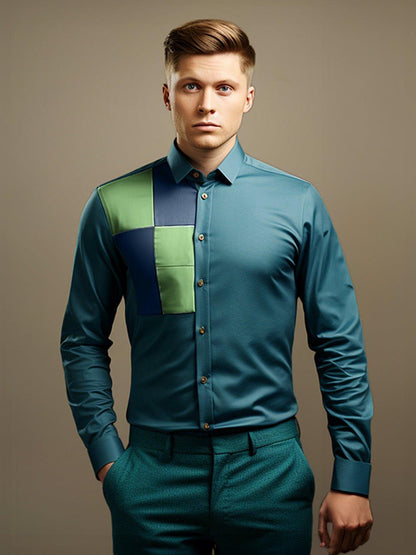 Colourblocked Smart Casual Teal Shirt - HE SPOKE - For Men