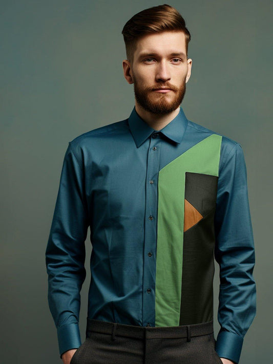 Colourblocked Smart Casual Teal Shirt - HE SPOKE - For Men