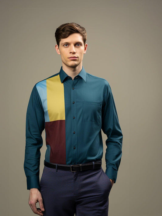 Colourblocked Smart Casual Teal Shirt - HE SPOKE - For Men
