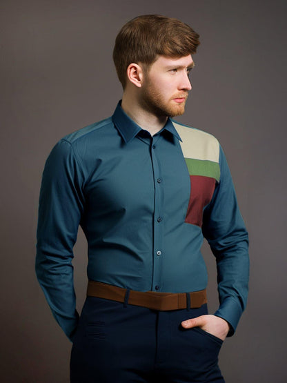 Colourblocked Smart Casual Teal Shirt - HE SPOKE - For Men