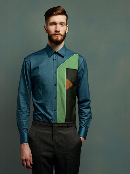 Colourblocked Smart Casual Teal Shirt - HE SPOKE - For Men