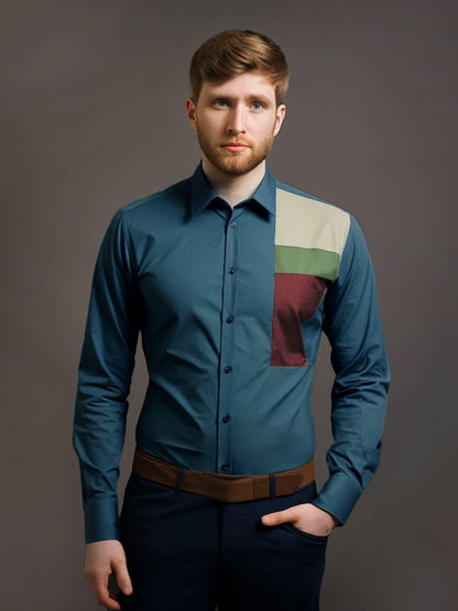 Colourblocked Smart Casual Teal Shirt - HE SPOKE - For Men