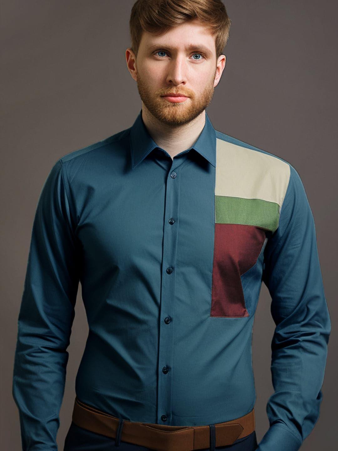 Colourblocked Smart Casual Teal Shirt - HE SPOKE - For Men