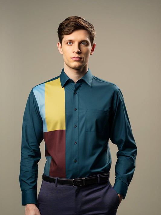 Colourblocked Smart Casual Teal Shirt - HE SPOKE - For Men