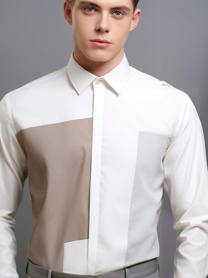 Colourblocked Smart Casual White Shirt - HE SPOKE - For Men