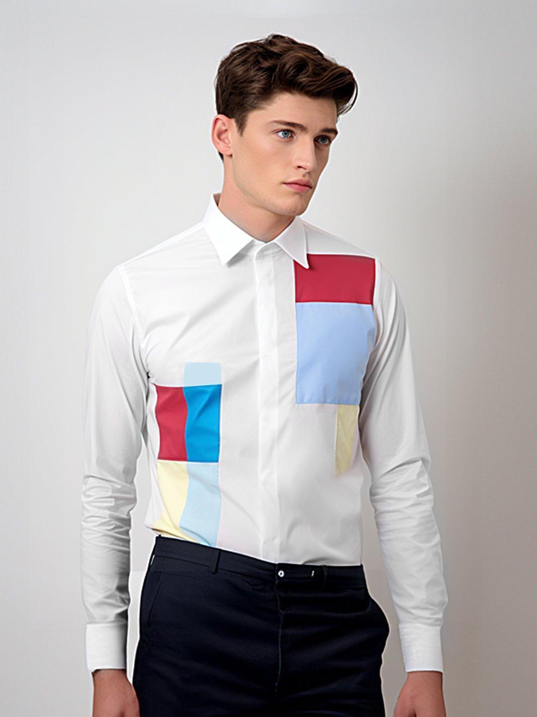 Colourblocked Smart Casual White Shirt - HE SPOKE - For Men