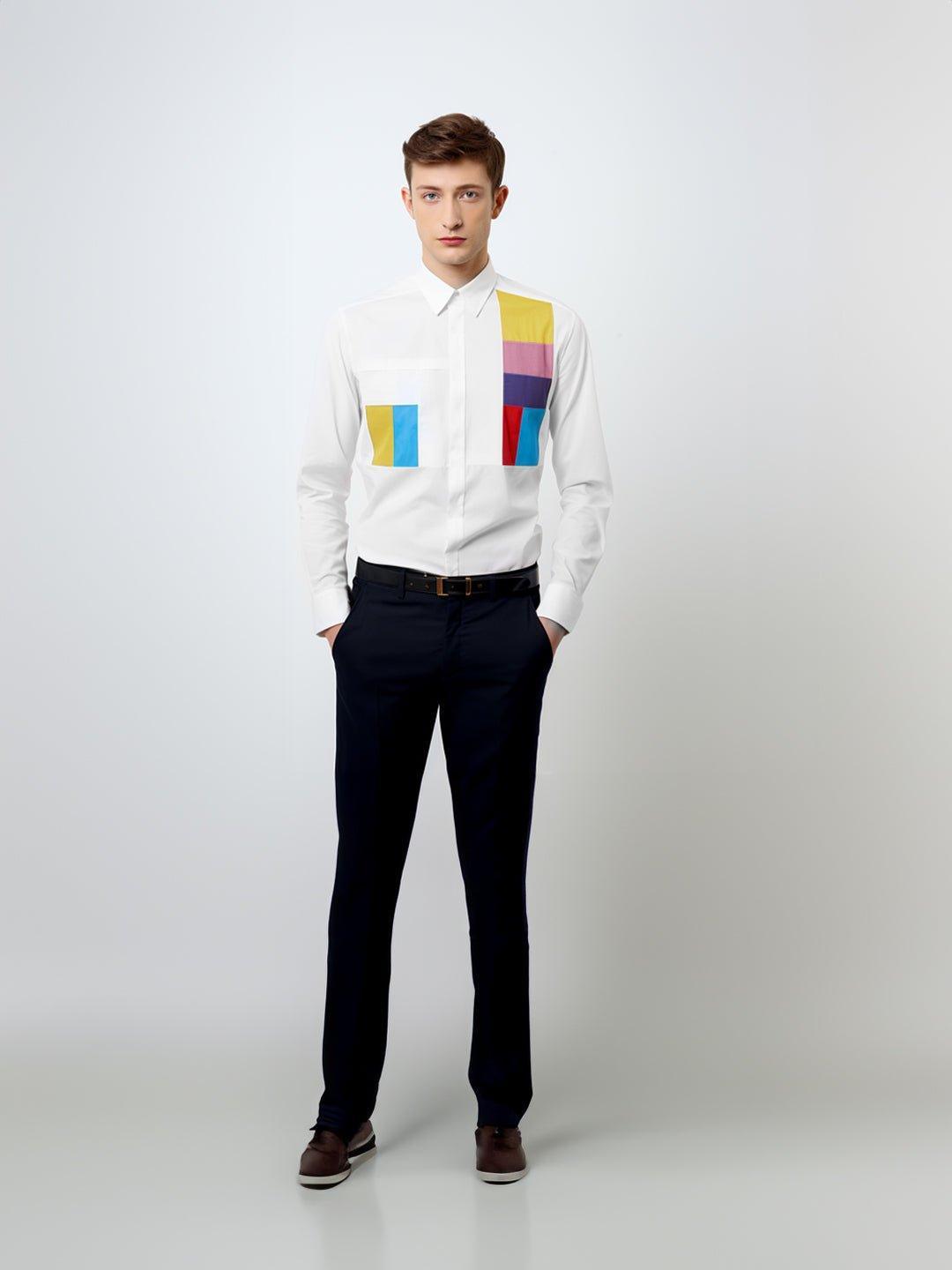 Colourblocked Smart Casual White Shirt - HE SPOKE - For Men