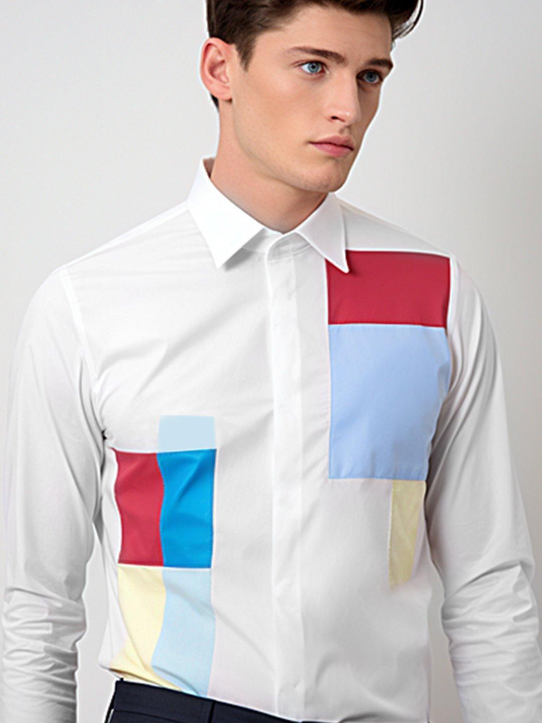 Colourblocked Smart Casual White Shirt - HE SPOKE - For Men