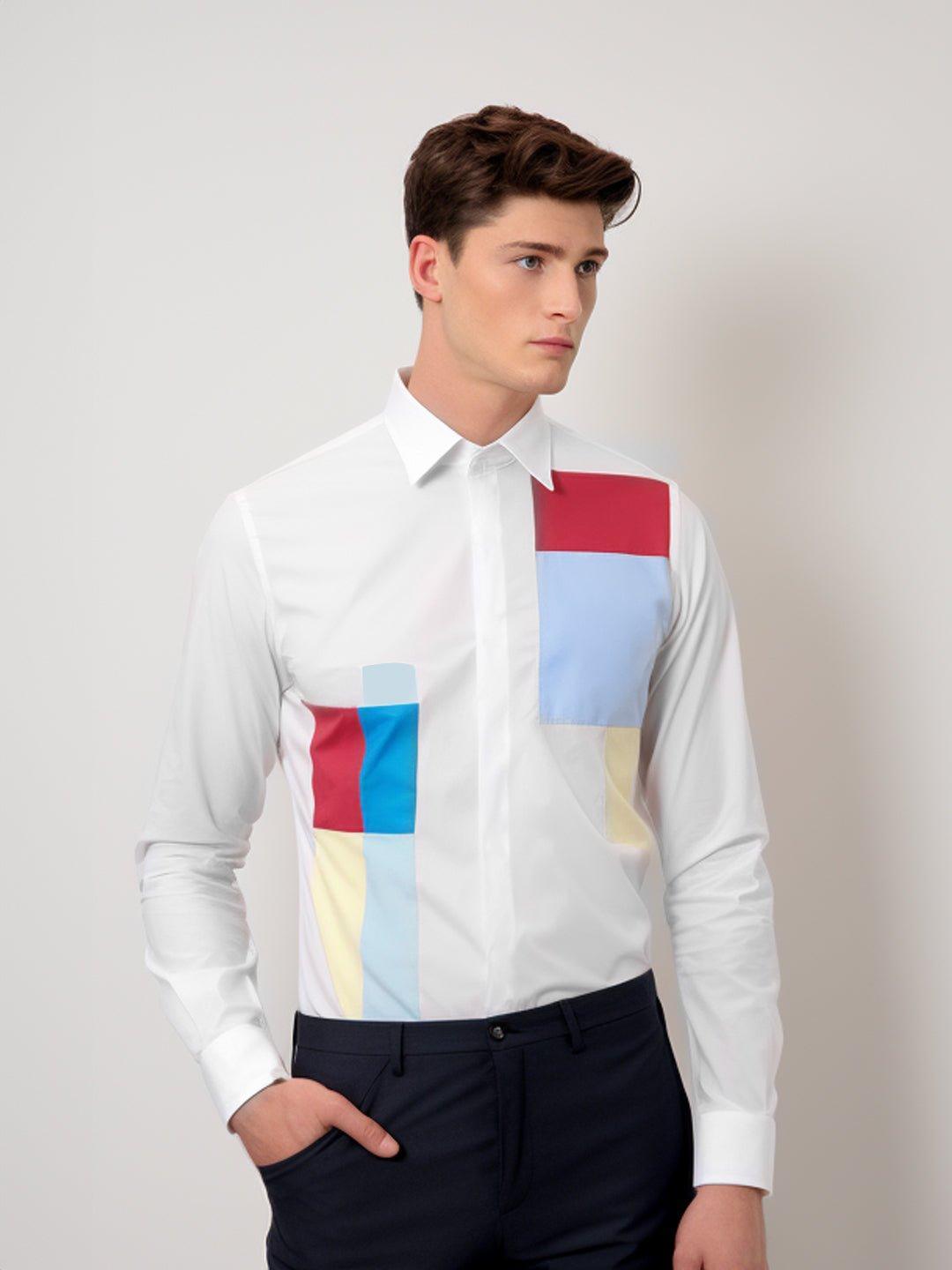 Colourblocked Smart Casual White Shirt - HE SPOKE - For Men