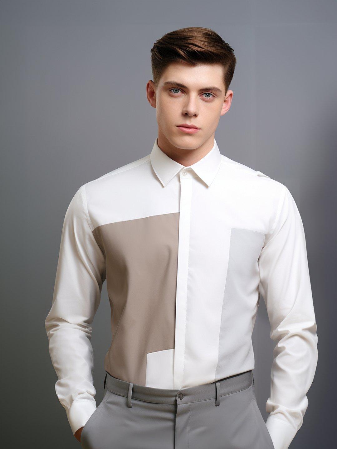 Colourblocked Smart Casual White Shirt - HE SPOKE - For Men