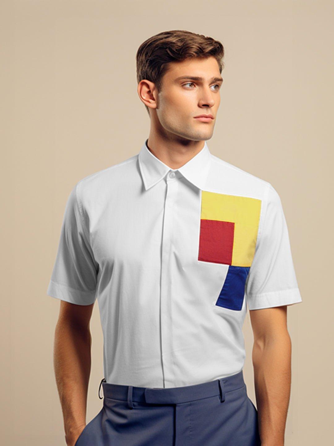 Colourblocked Smart Casual White Shirt - HE SPOKE - For Men