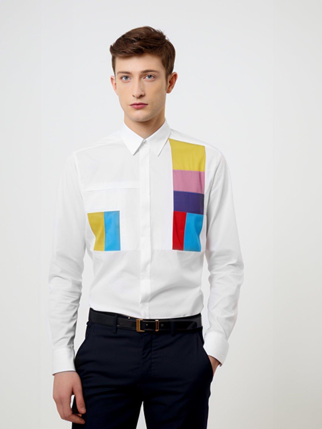 Colourblocked Smart Casual White Shirt - HE SPOKE - For Men